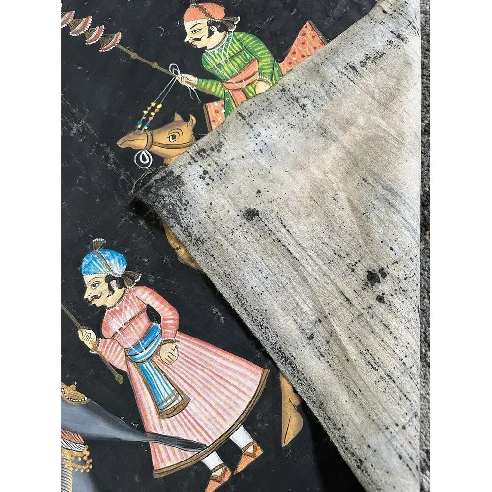 Vintage Indian Batik Black Cotton Wall Hanging Hand painted Elephants 28x60” Art